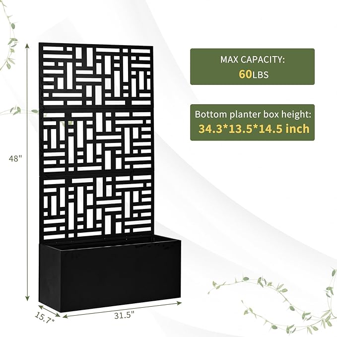 48 Outdoor Garden Flower Standing Planter BoxMetal Planter Raised Garden Trellis BedIndoor Outdoor Flower BedVertical Flower Pot Standwith Drainage Holesfor Patio Porch Yard Balcony (Black)