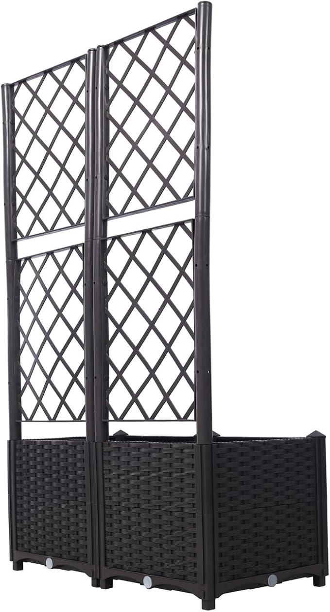 ZeHuoGe Poly Rattan Trellis Raised Bed with Drainage Plug 2 Removable Pots with Large Flower Boxes Built-in Support for Climbing Plants - Outdoor Patio Garden Decoration