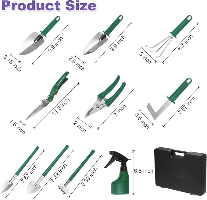 HARFINGTON 1 Set Garden Tool Set 10 Pieces Plastic Gardening Planting Tools Kits with Shovels Rake Scissor Trimmer Water Sprayer and Store Case Green
