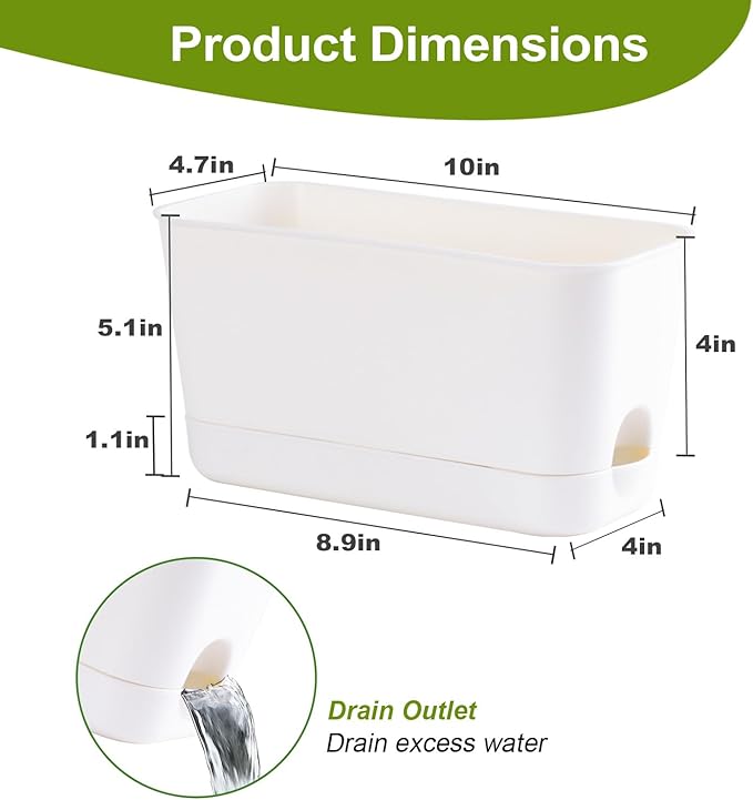 Self Watering Planters: 4 Packs Rectangular Plant Pots with with Drainage and Tray 10 Inch Window Pot Self Watering Planter for Herb Houseplants