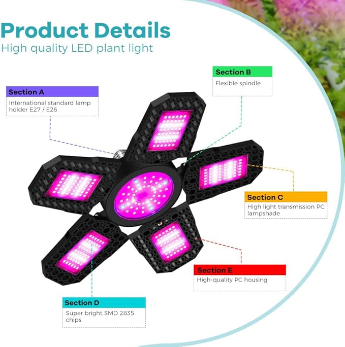 200W E26/E27 Deformable Planting Growth Lamp Bulbs 100-277V Natural Sunlight Seedling Hydroponic Fill Light 110V 5-leaf Foldable Greenhouse Tent Planting Box UV/IR Vegetable Flower Fruit Cactus Potted