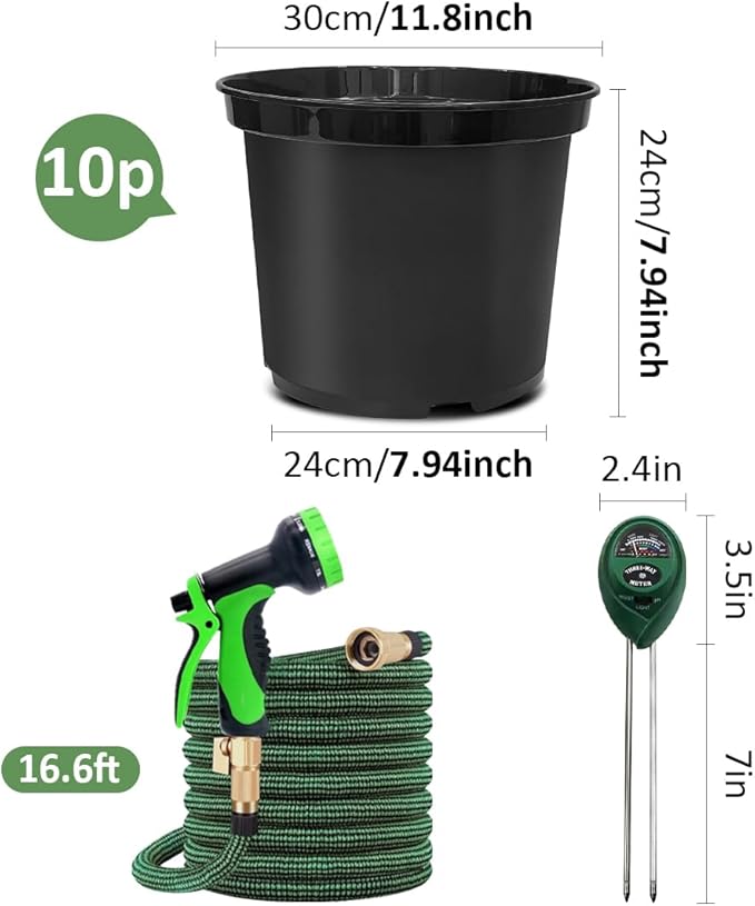5 Gallon Nursery Pots (10-Pack) + 50ft Garden Hose with Spray Nozzle + 3-in-1 Soil Tester for Moisture/Light/pH | All-in-One Gardening Kit for Indoor/Outdoor Plants Gardening Gifts for Women