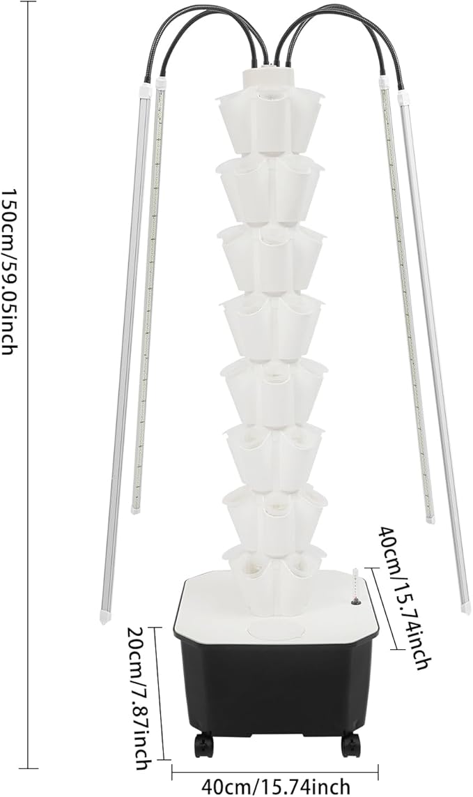 40 Pots Hydroponic Tower Growing System with Lights 8 Layers Movable Vertical Hydroponics Tower Garden Growing System Space Saving Indoor Plants Smart Garden for Gardening Lover