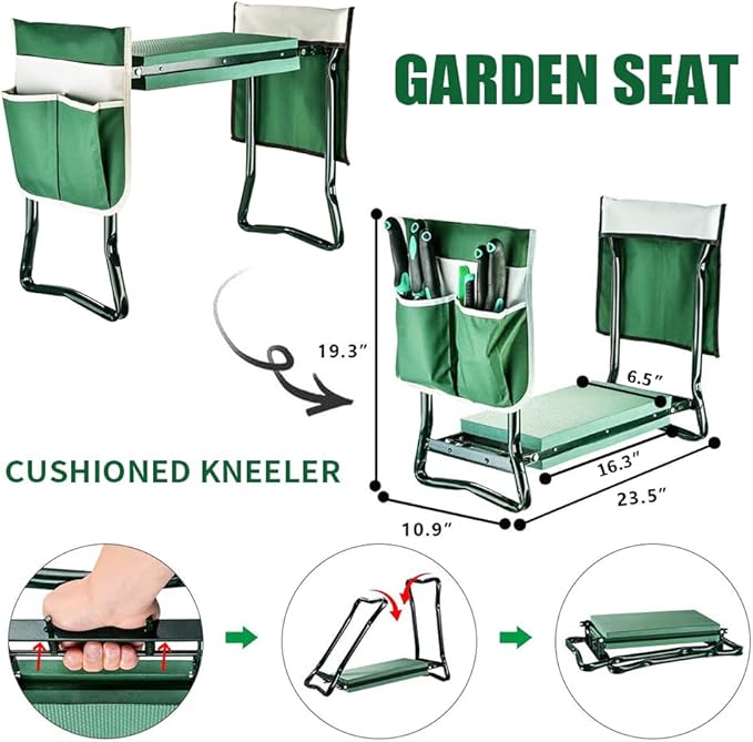 BDL Garden Kneeler and Seat Upgraded Folding Bench Stool Portable Kneeler Sturdy Gardening Tools with 2 Free Tool Pouch Detachable Belt A Pair of Garden Gloves EVA Kneeling Pad