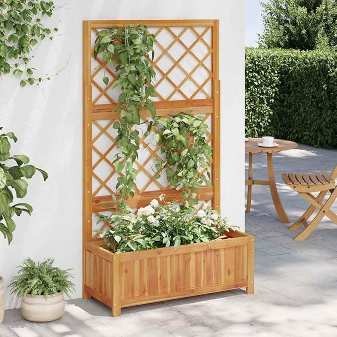 vidaXL Solid Acacia Wood Raised Bed with Trellis - Versatile Outdoor Rectangular Planter for Patios Gardens or Backyards - Natural Oil Finish - Easy Assembly - 33.5x15x59.1