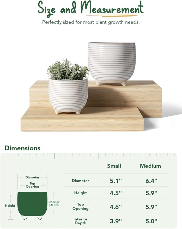 LE TAUCI Ceramic Plant Pots 5.1 + 6.4 Inch Footed Pots for Plants Modern Flower Pots for Home and Office Indoor Planters with Drainage Reactive Glaze White