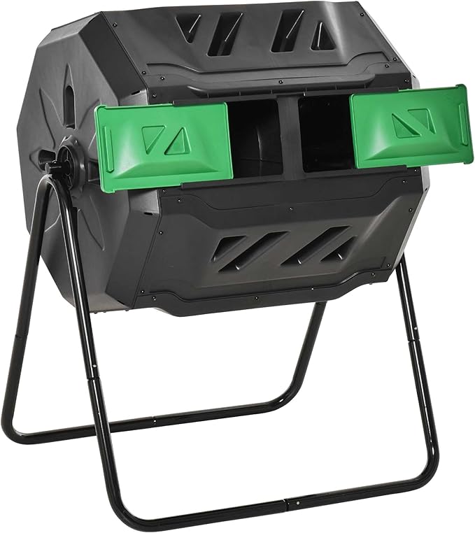 Compost Bin Outdoor 43 Gallon Dual Chamber Tumbling Composting with Sliding Doors Large Compost Tumbler Compost Bin for Garden Kitchen and Yard Waste Black+Green