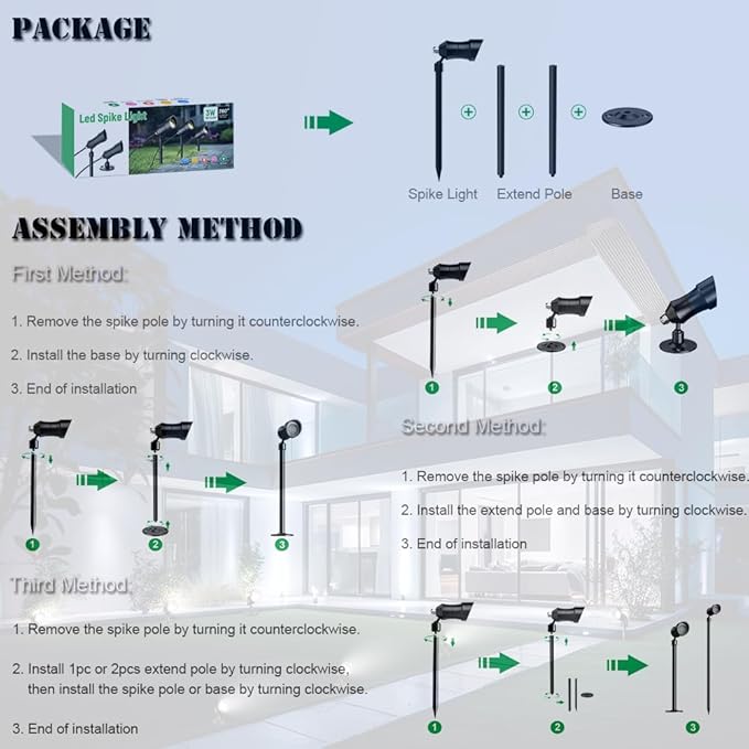 YASHIDA Outdoor Landscape LED Lighting DC12-24V 3W IP67 360 Degree Universal Rotary Led Spike Light kit Waterproof Led Spotlight with Spike Pole for Lawn Decorative Lamp Warm White 2700K
