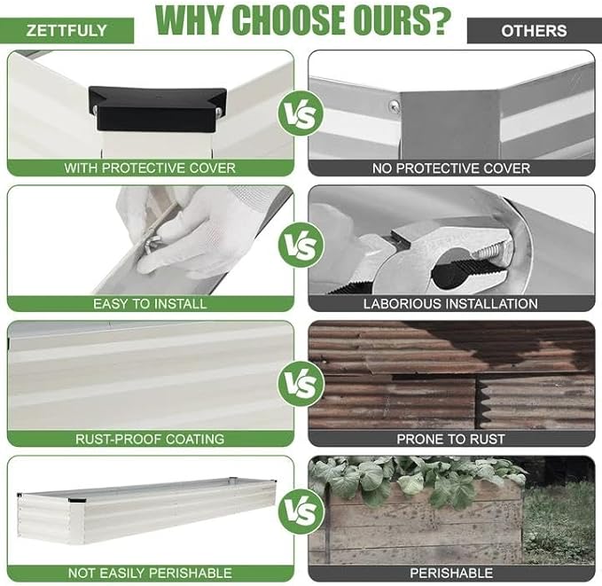 Galvanized Raised Garden Bed Outdoor | Metal Raised Garden Bed for Gardening 2Pack | Large Planter Box for Vegetables Flowers Fruits | Easy Assembly &amp Safety Design Flower Beds 12x2x1ft White