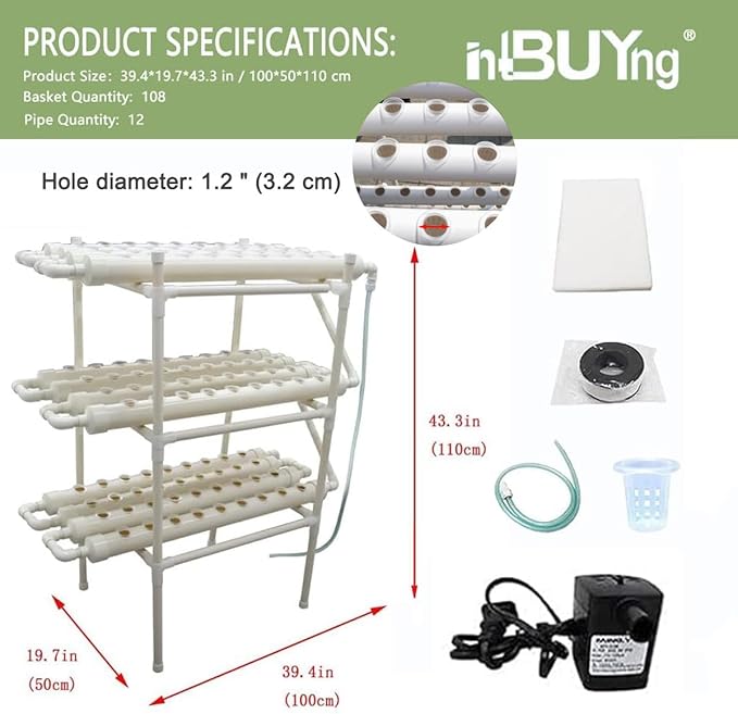 INTBUYING Hydroponics Growing System 108 Holes 12 Pipes 3 Layer Plant Site Grow Kit Hydroponic Gardending System Horizontal Diameter of The Growing Pipe: 2.5”