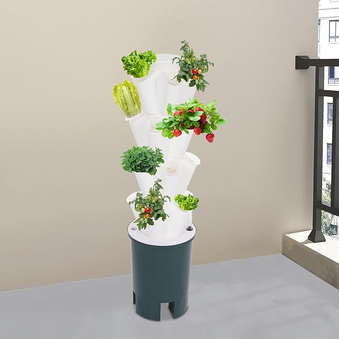 Hydroponic Growing Tower Set Vertical Vegetable Plant Tower w/Seedling Box Water Level Gauge &amp Fan Water Injection Design for Gardening Enthusiasts (20-Hole)