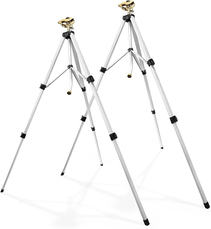 RESTMO 2 Pack 48” Large Full Metal Impact Sprinkler Head on Tripod Base 360° Rotating &amp Height Adjustable Tripod Heavy Duty Zinc Alloy Sprinkler for Large Yard and Lawn Irrigation