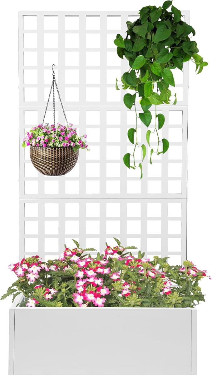 Metal Planter with Trellis 110lbs Load Capacity Free Standing Climbing Plant Support 12 Inch Deep Raised Garden Bed with Privacy Screen for Balcony Patio Garden Indoor &amp Outdoor Use(White)