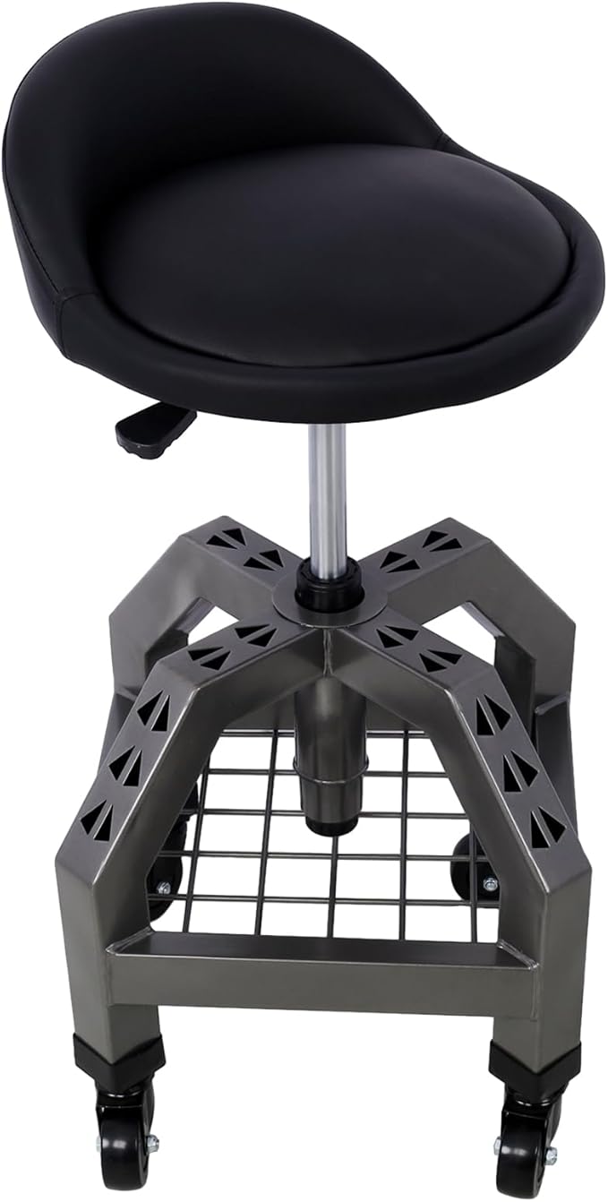 Pneumatic 360 Degree Swivel Stool Mechanics Rolling Shop Stool with Casters Tool Shelf Storage 300lbs Max Weight Capacity Heavy Duty Garage Seat for Shop Grey One Size