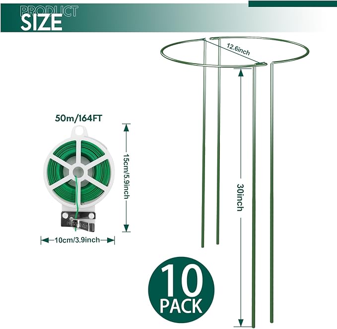 10 Pack 30 Inch Plant Support Stakes Heavy-Duty Half Round Peony Support Ring Cage Metal Garden Plant Stakes for Outdoor Plants - Peony Tomato Hydrangea with Cuttable Plant Ties
