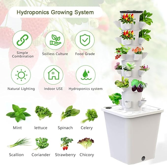 Tower Garden Hydroponics Growing System 10-30-Plant Sites Vertical Garden Planter Indoor Smart Garden Kit with Pump and Movable Water Tank (No Seedlings Included) (Color : Gris Size : 20 Holes)
