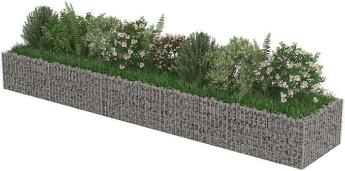 Galvanized Steel Gabion Planter Raised Bed Outdoor Garden Galvanized Steel Wire Mesh Grid Stone Wall Flower Raised Bed for Vegetables Flowers Plants 177.2x35.4x19.7
