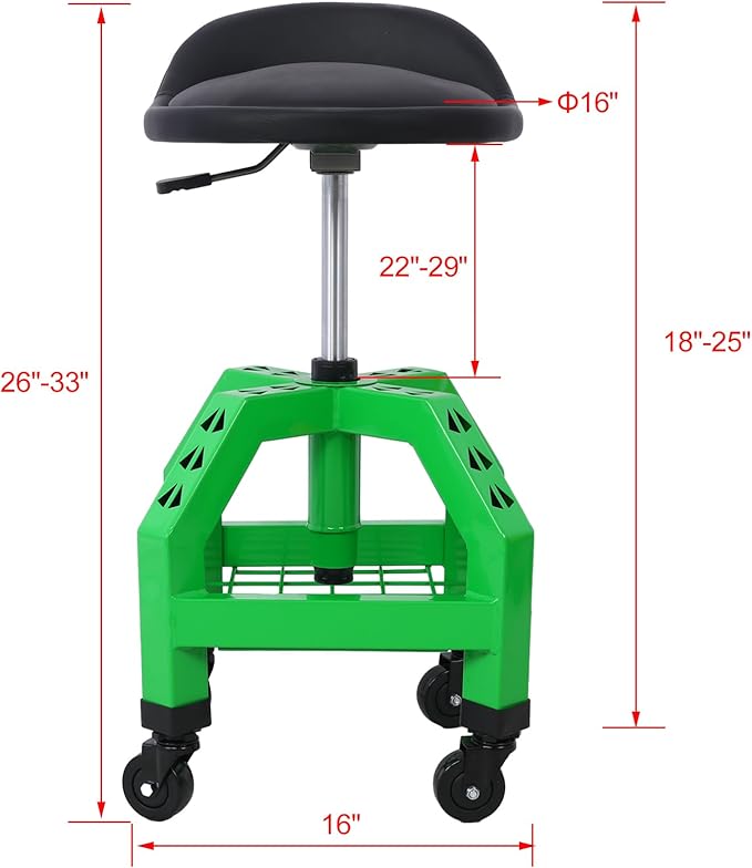 Rolling Shop Stool for Garage with Tool Storage Lower Shelf Ergonomic Padding Lumbar Support 360° Swivel Shop Seat Green