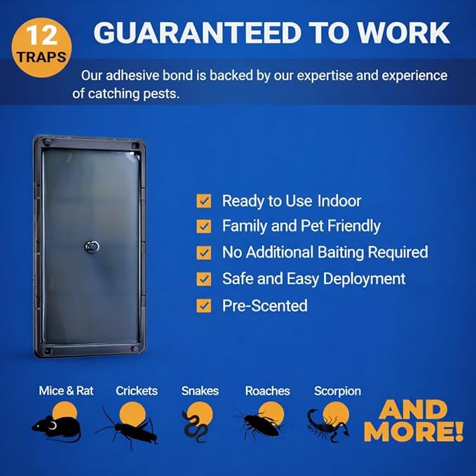 Glue Traps Indoor for Home 12 Pack Bulk Glue Traps for Rats Mice Snakes and Lizards Non-Toxic Adhesive Plastic Trays Insect &amp Spider Pet Safe Pest Control