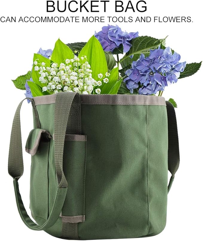 Yosoo Garden Tools Storage Bag Gardening Bucket Organizer with Pockets for Women Men Gardener Garden Tote Garden Tool Set Kit Green
