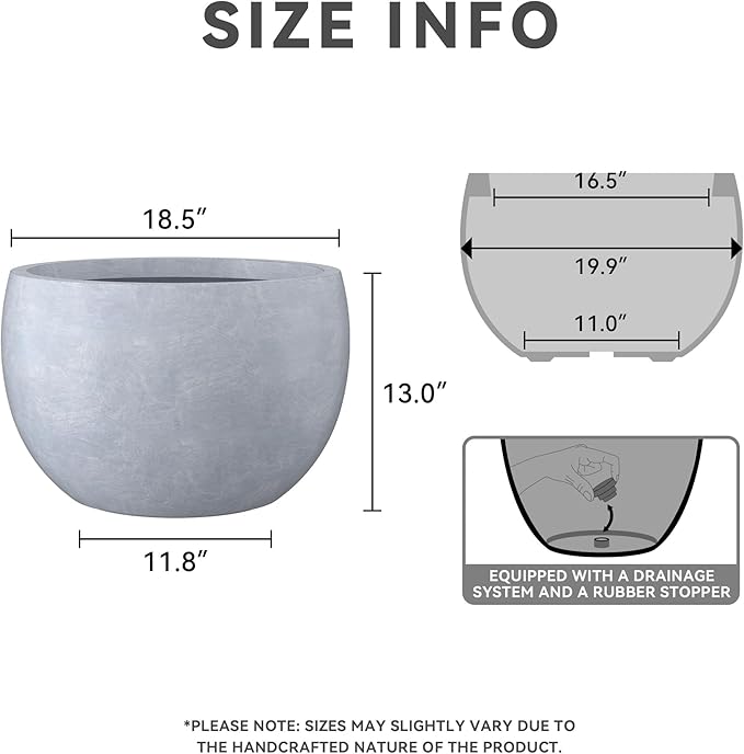 Kante 19.9 Dia Lightweight Concrete Outdoor Round Bowl Planter Outdoor/Indoor Large Planters Pots with Drainage Hole for Garden Patio Balcony Deck Living Room Slate Gray