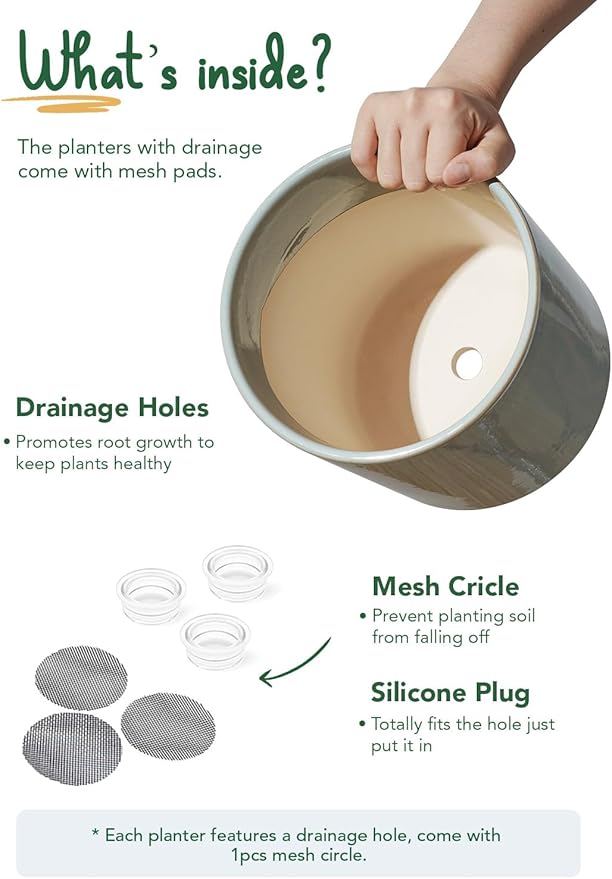 LE TAUCI Ceramic Pots for Plants 10/8/6 Inch Indoor Planters with Draiange Hole Silicone Plug &amp Mesh Pad Modern Minimalist Pots for Home Office Set of 3 Glossy Mist Gray