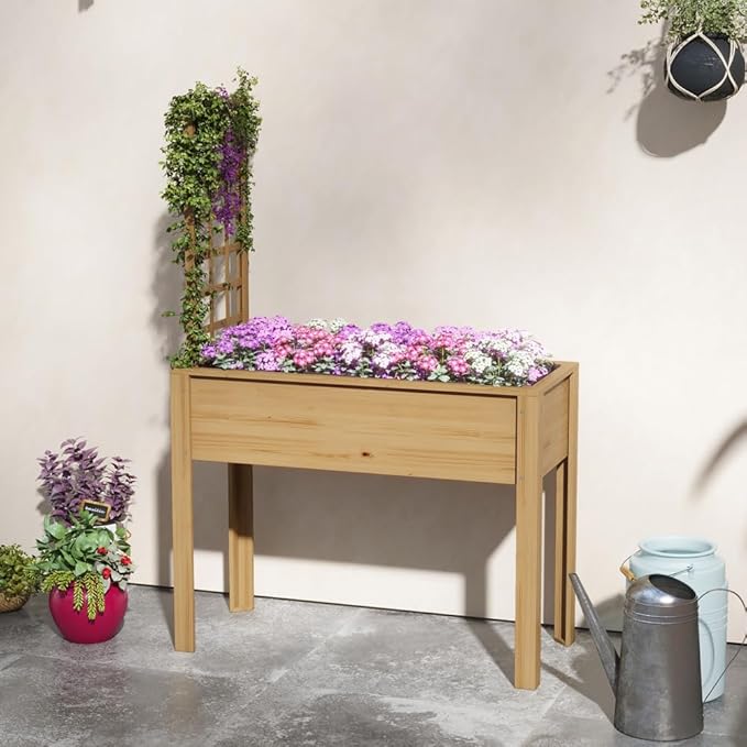 Raised Garden Bed with Trellis for Climbing Plants Elevated Wood Planter with Drainage Holes Filter and Legs for Vegetable Flowers Natural