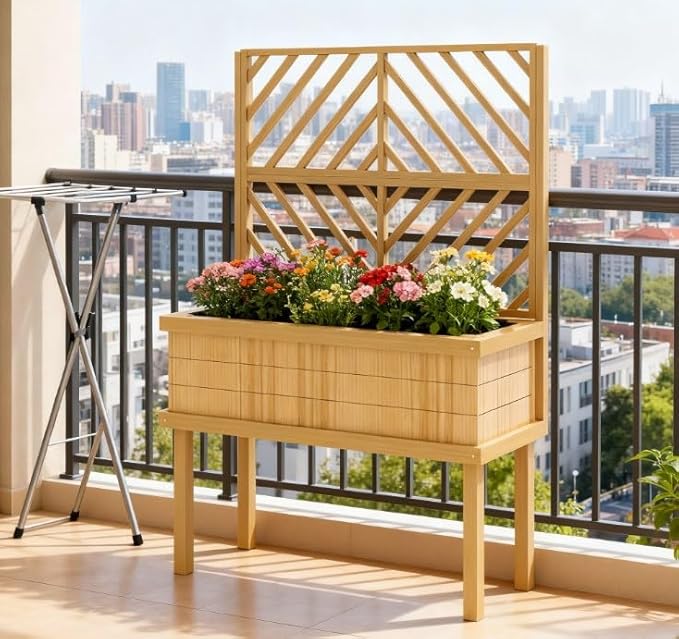 Standing Garden Bed with Built-in Trellis Elevated Wood Planter with Legs &amp Drainage Holes Comfortable Height for Climbing Vegetables &amp Flowers (Natural)