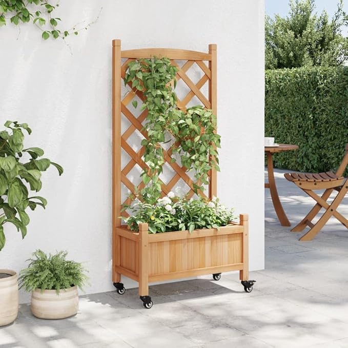 Wood Planter Box with Trellis and Wheel Outdoor Raised Garden Bed for Climbing Plants Free-Standing Trellis Planter Box 21.7x11.6x46.3 Brown Solid Wood Fir