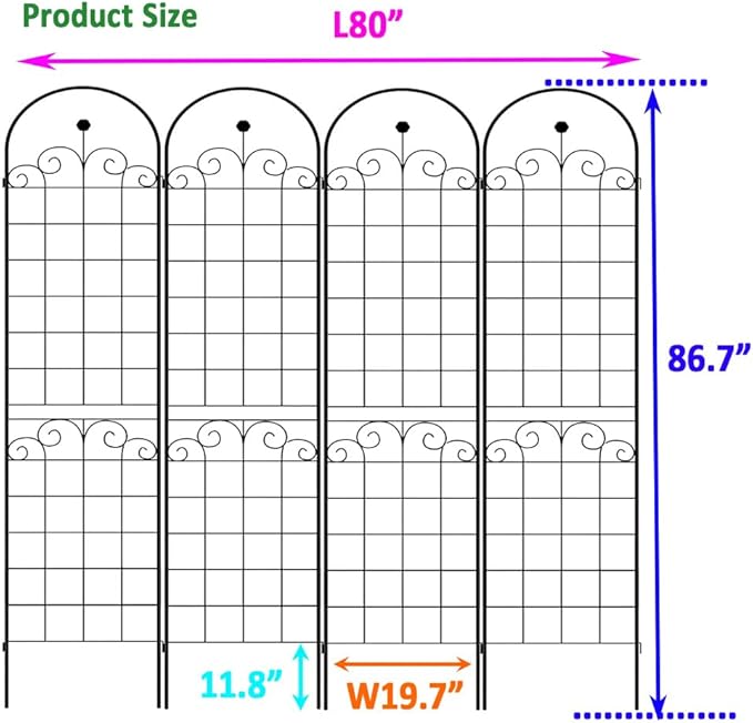4 Pack Metal Garden Trellis for Climbing Plants Outdoor 86.7'' H x 19.7'' W Black Powder Coated Plant Support Grid for Vines (4 Pack)