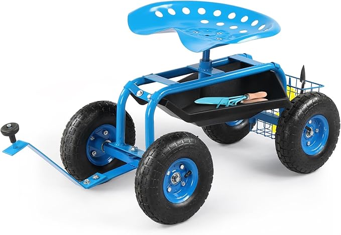 Rolling Garden Work Seat with 360-Degree Swivel Seat Adjustable Height Gardening Stool with Steering Handle and Tool Storage