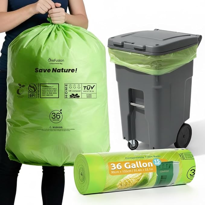 GreFusion Compostable 36 gallon Trash Bags Extra Thick 1.28 Mills Compost 36 Gal Trash Bags (Kitchen Tall Garbage Bags) Compostable Lawn &amp Leaf Yard Waste bagsASTM D6400Bpi Certified