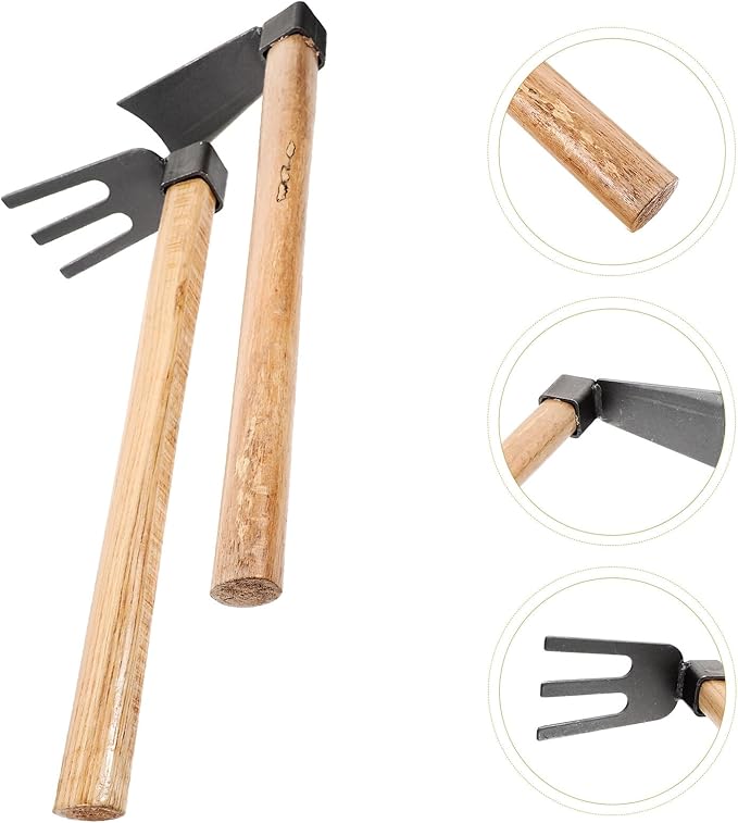 Toyvian 2pcs Garden Tool Set Wooden Handle Hoe and Steel Rake for Outdoor Gardening Digging Soil Weeding Small Handheld Tools for Flower Farming and Vegetable Planting