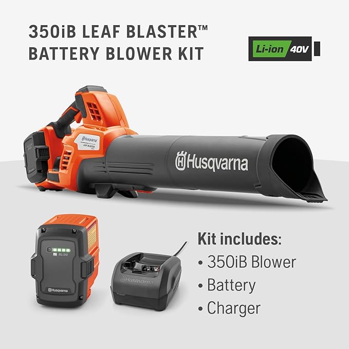 Husqvarna Leaf Blaster 350iB Battery Powered Cordless Leaf Blower 200-MPH 800-CFM Blower with Brushless Motor and Quiet Operation 40V Lithium-Ion 7.5 Ah Battery and Charger Included 970569904