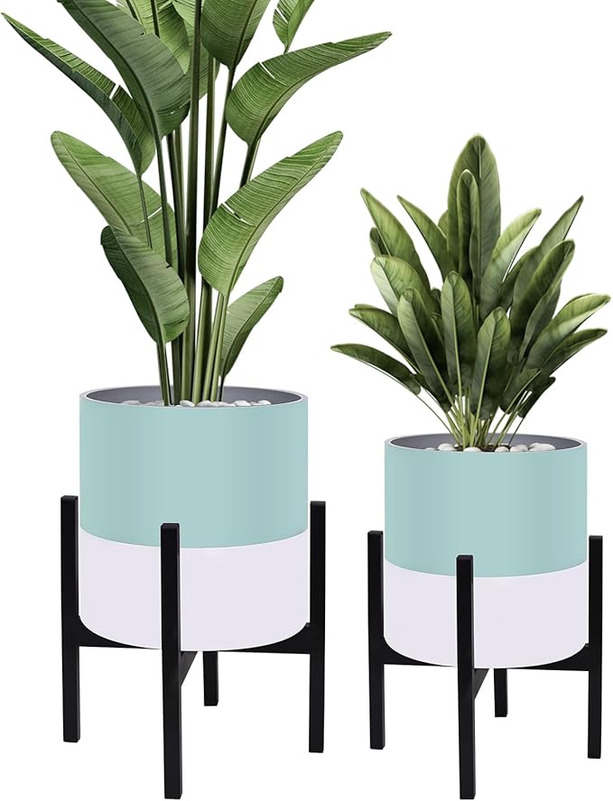 10 &amp 12 Inches Plant Pots with Stand-Large Indoor Planters with with Drainage HolesModern Planting Pots with White and Green Color Matching for Living Room Office Garden Or Balcony