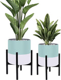 10 &amp 12 Inches Plant Pots with Stand-Large Indoor Planters with with Drainage HolesModern Planting Pots with White and Green Color Matching for Living Room Office Garden Or Balcony