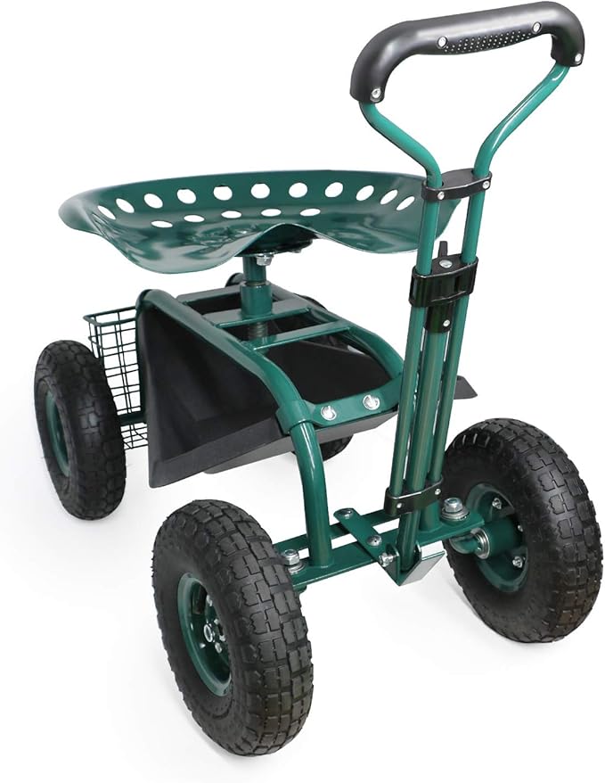 Garden Cart with Seat Rolling Garden Seat with Extendable Steer Handle Tool Tray and Storage Basket Garden Patio Wagon Scooter for Planting Indigo