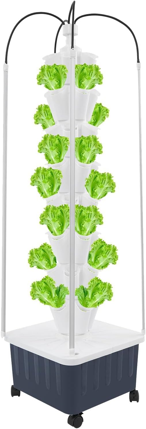 8 Tiers 40 Plant Hydroponic Growing Tower Indoor Garden Planter with LED Grow Light Vertical Smart Plants Germination Kit with Wheels and Timed Plug for Fruits Vegetables Herbs