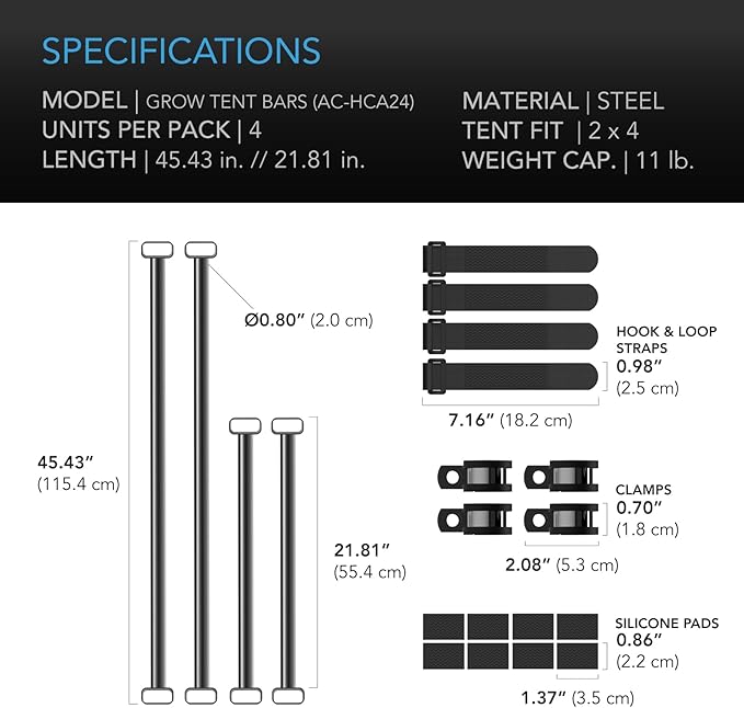 AC Infinity Heavy-Duty Grow Tent Mounting Bars 2x4' High Airflow CFM Kit Prevents Walls from Sucking in Trellis and Supplemental Lights Mounting for All 2x4 Indoor Grow Tents
