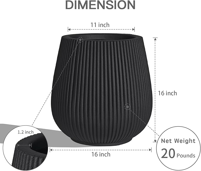 16 Inch Handmade Concrete Outdoor Planter - Classic Striped Design | Fiberglass &amp Composite Material | Durable for Commercial &amp Home Decor