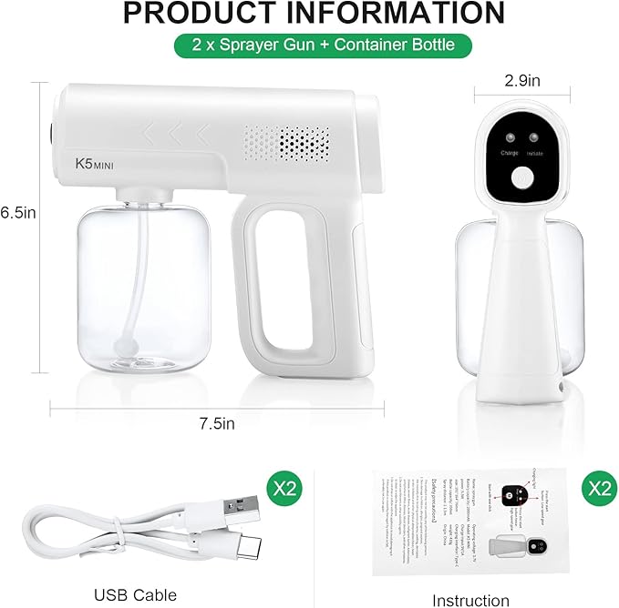 2 Pack Rechargeable Atomizer Sprayer Gun Handheld Nano Spray Cordless Disinfectant Steam Large Capacity Electric Fogger Machine Disinfection for Car School Home Hotel