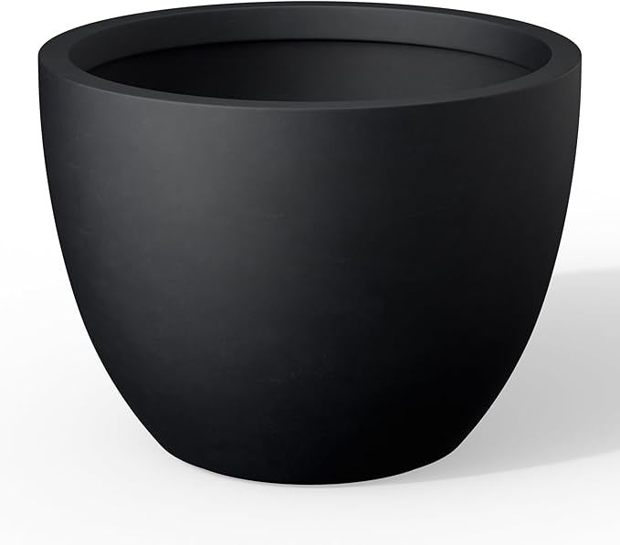Kante 14.2 Inch Round Concrete Planter - Classic Large Indoor/Outdoor Plant Pot with Drainage Hole and Rubber Plug Suitable for Gardens and Patios Black