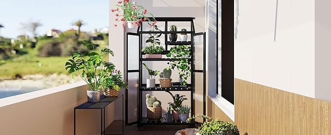 Mini 4-Tier Greenhouse with Locking Wheels 62 Inch Height Portable Wooden Green House Cold Frame with Adjustable Shelves and Vent Small Garden House for Outdoor Indoor Black