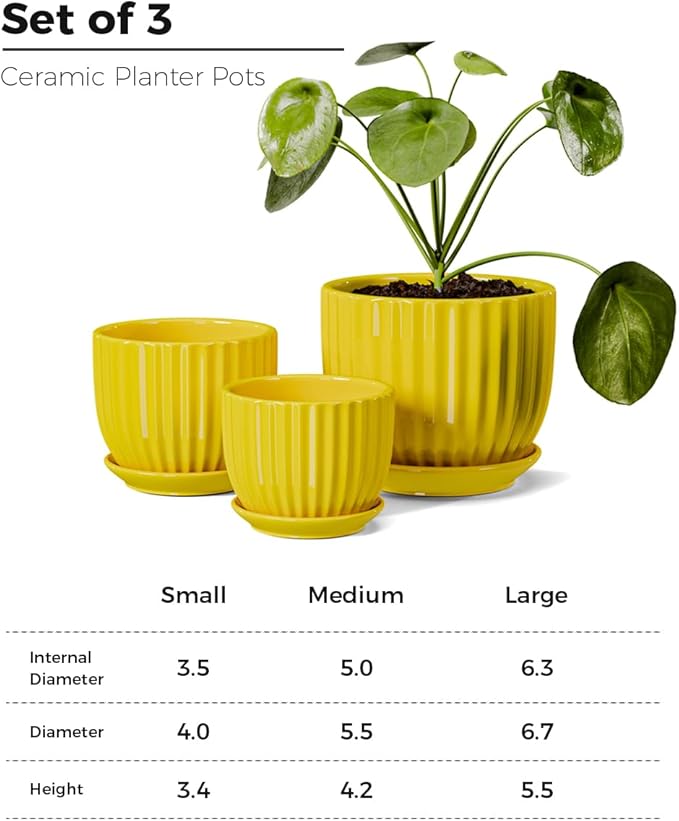 Ton Sin Ceramic Flower PotsYellow Plant Pots for Indoor Plants4.1+5.1+6.5 inch Ceramic Plant Pots with TrayMedium Indoor Planters for Aloe Cactus Decorative Pots with Drainage Hole (Set of 3)