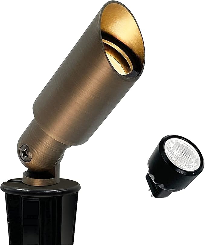 GKOLED 4 Pack Mini Brass Landscape Spotlights (MR8 Bulbs Included) with 2 Pack Brass Landscape Path Lights (G4 Bulbs Included) with 1 Pack 120W Low Voltage Transformer