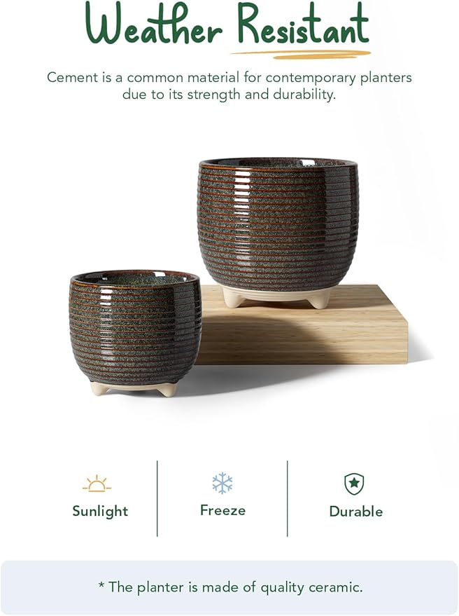 LE TAUCI Ceramic Plant Pots 5.1 + 6.4 Inch Footed Pots for Plants Modern Flower Pots for Home and Office Indoor Planters with Drainage Reactive Glaze Black