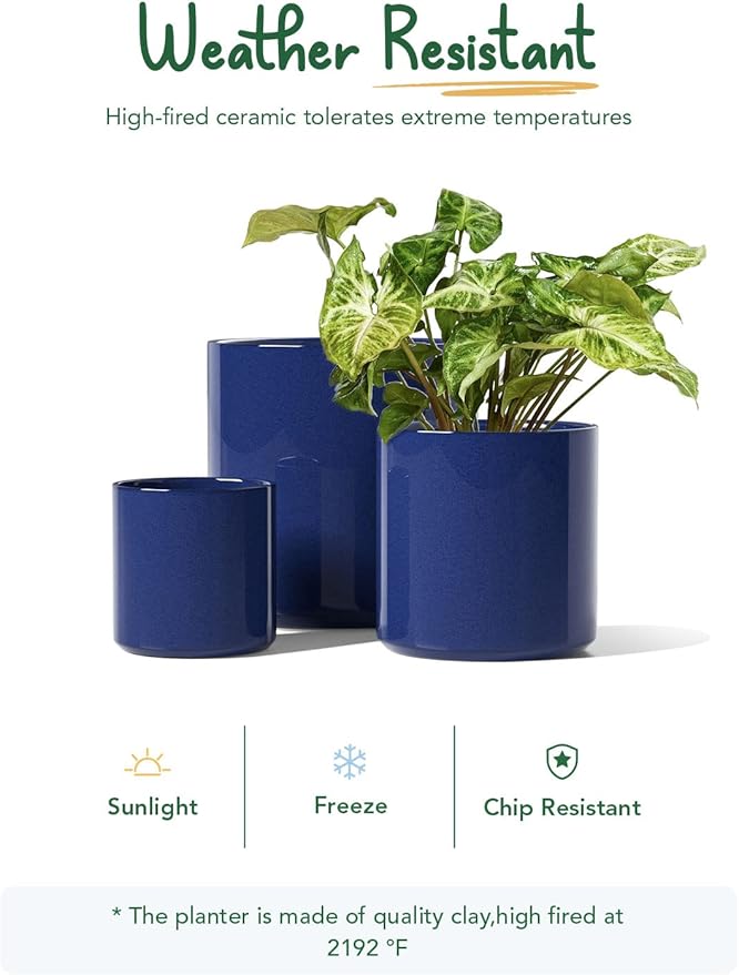 LE TAUCI Ceramic Pots for Plants 10/8/6 Inch Indoor Planters with Draiange Hole Silicone Plug &amp Mesh Pad Modern Minimalist Pots for Home Office Set of 3 Glossy Midnight Blue