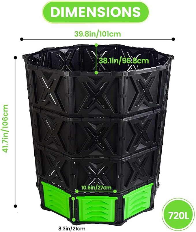 SQUEEZE master XXL Large Compost Bin Outdoor- 720L /190 Gallon-Easy Assembly-No Screws-Sturdy&amp Durable-Green Door