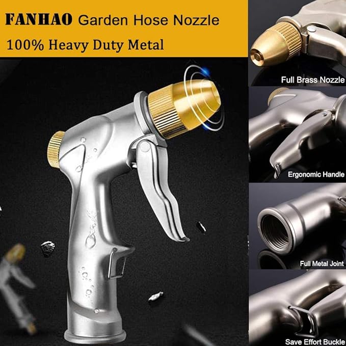 FANHAO Upgraded Garden Hose Nozzle Sprayer 100% Heavy Duty Metal Handheld Water Nozzle High Pressure in 4 Spraying Modes for Watering Plants and Lawn Car Washing Patio and Pet