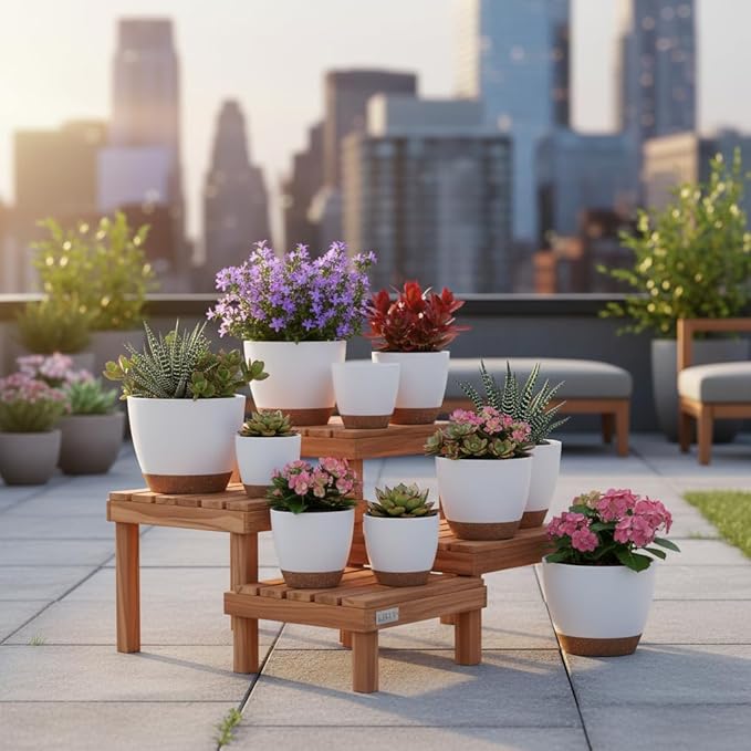 LIFFY Plant Pots 87.576.565.55 Inch Plastic Self Watering Planters with Drainage Holes &amp Saucers 7-Pack White Nursery Planting Pot with Deep Reservoir for Indoor Outdoor Plants